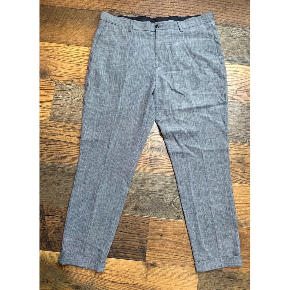 Zara Man Grey Textured Slim Fit Dress Pants Trousers USA 34 Cuffed Hem